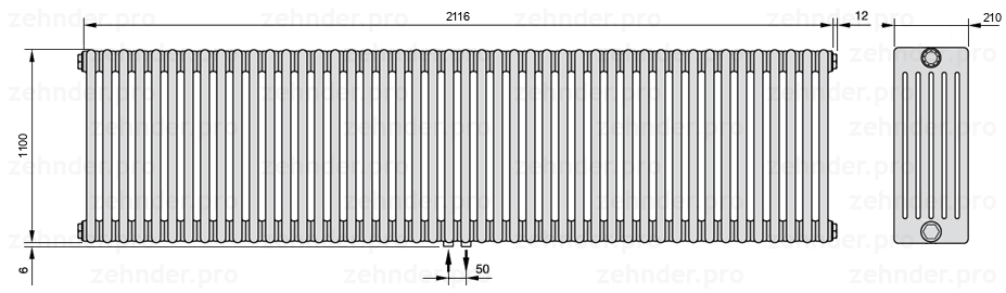 Схема (чертеж) Радиатор Zehnder Charleston 6110/46 №3470 Белый глянцевый RAL 9016